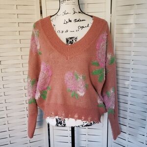 Anthropoligie Floral Knit V-Neck Sweater Brown/Pink Sweater Oversised XS